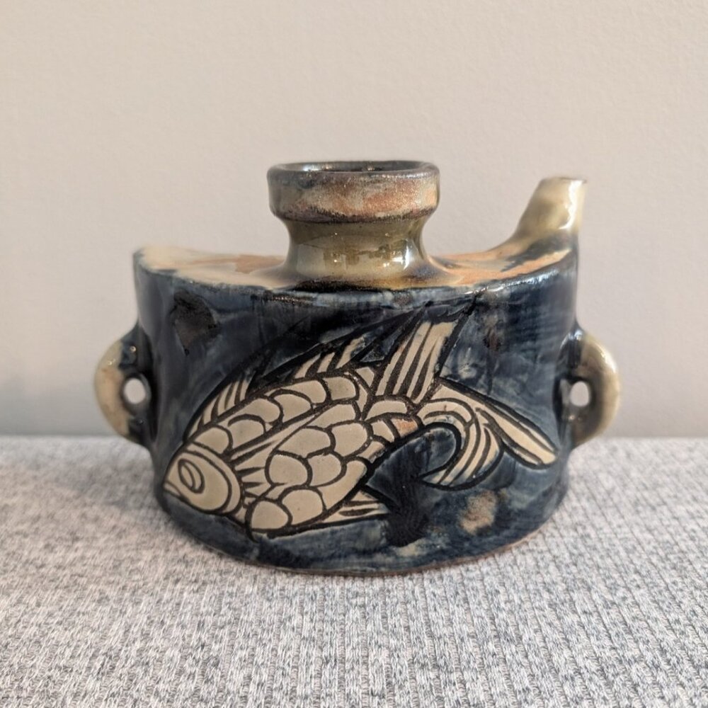 Okinawa Tsuboya Ware/Yaki Dachibin/Ceramic Hip Flask, signed by Sumiko Miyagi